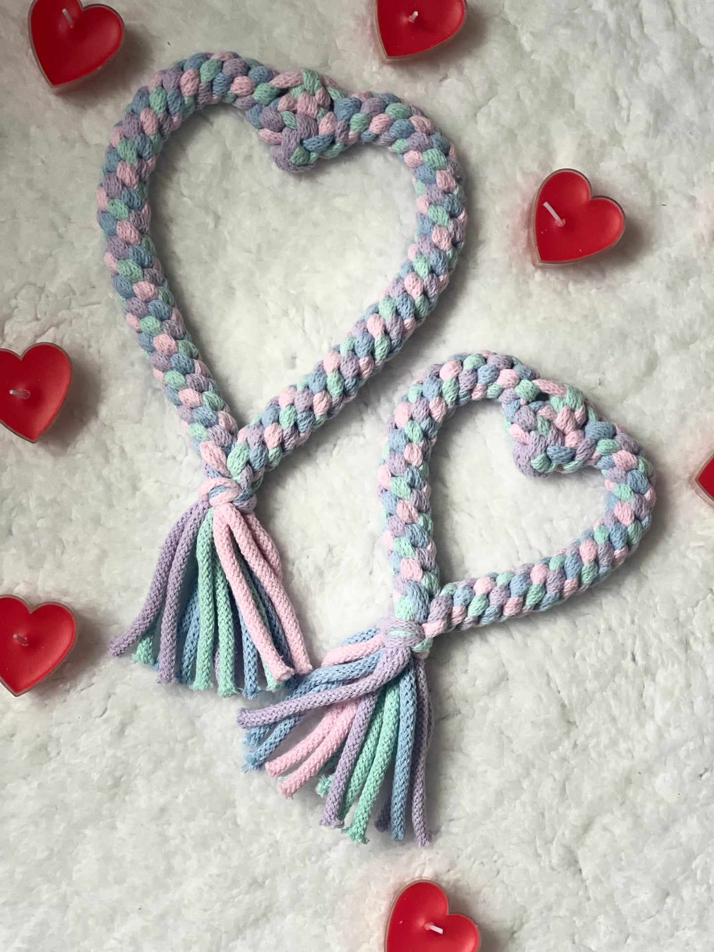 Pastel coloured heart shape rope dog toy 